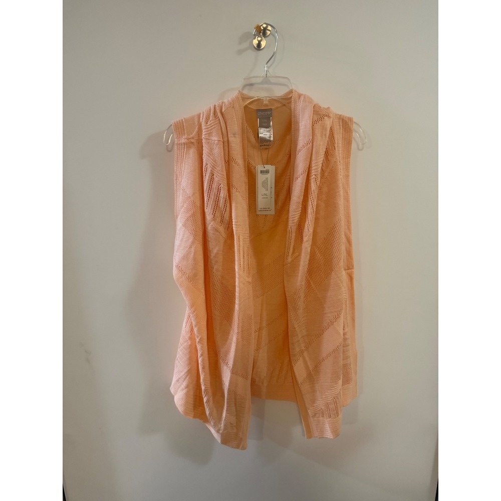 Chico's Peach Apricot Pointelle Knit Open Front Vest Cardigan L/XL